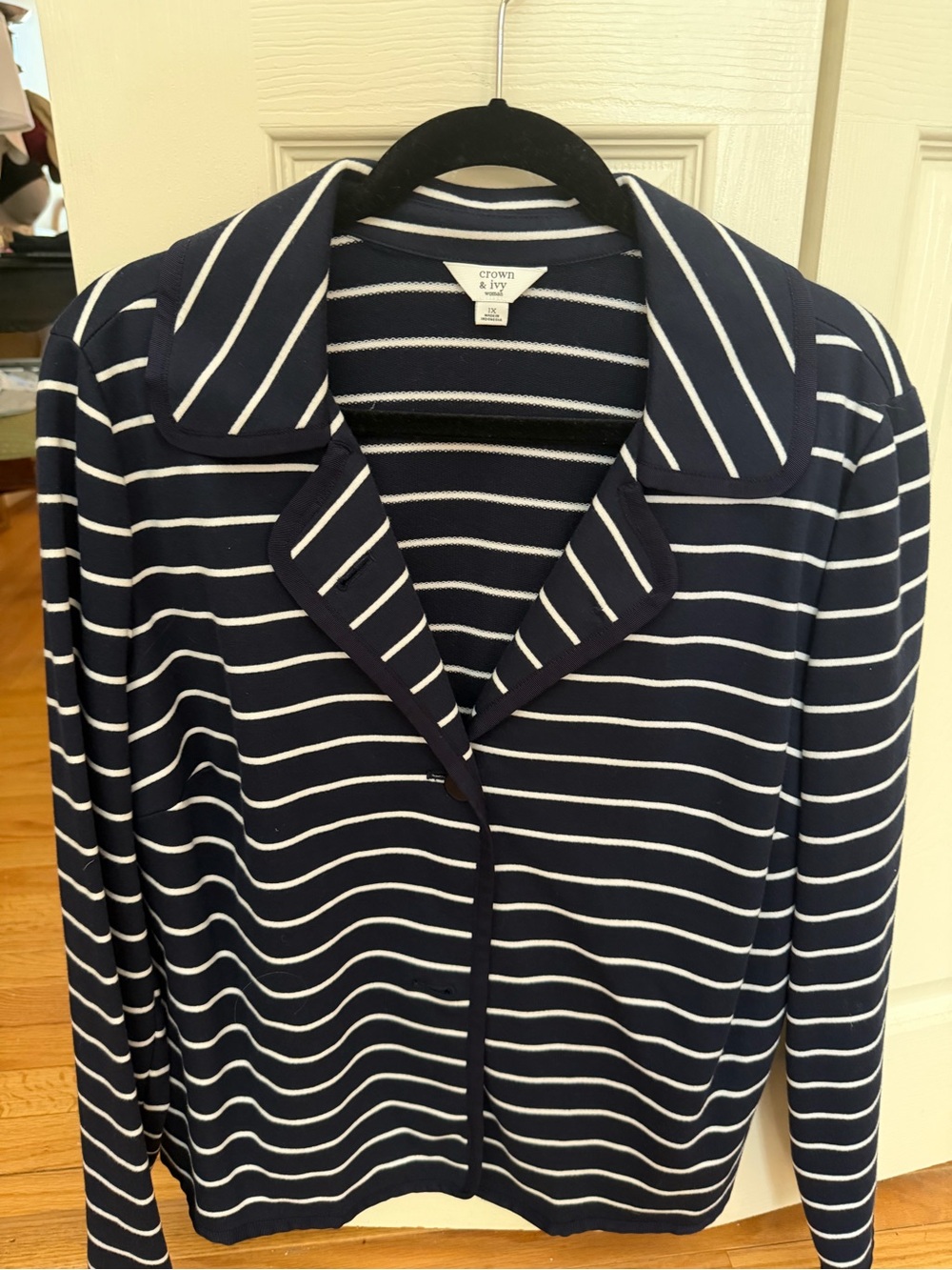 Crown & Ivy Navy and White Striped Cotton Knit Cardigan